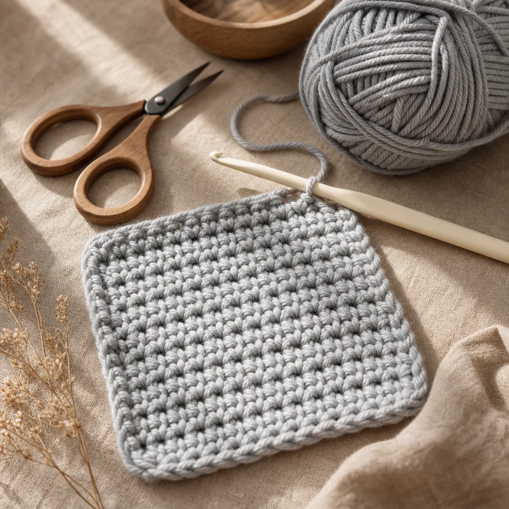 A flat lay of beginner crochet supplies including a cream crochet hook, gray yarn ball, and a partially completed gray dishcloth on natural linen, illuminated by warm sunlight.