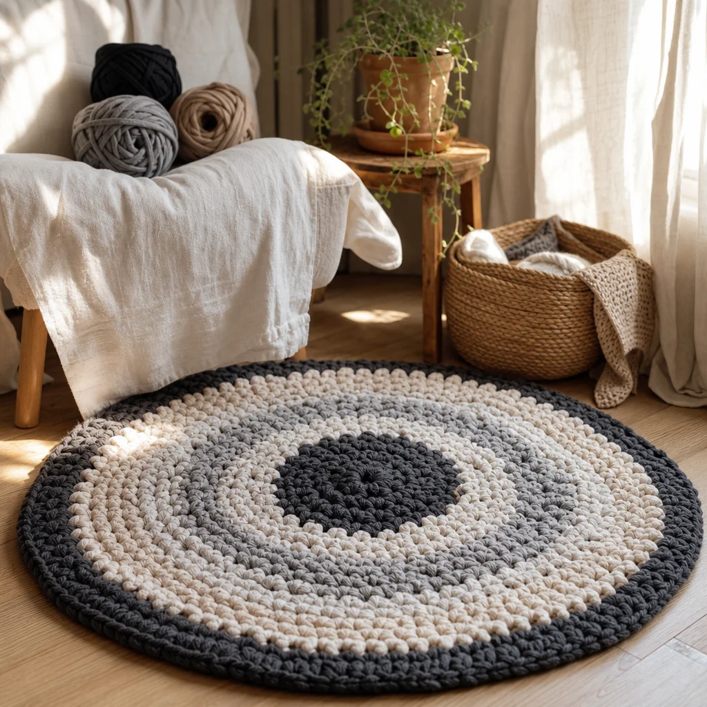 Overhead view of a handmade round crochet rug in cream and taupe stripes made from t-shirt yarn on hardwood floor