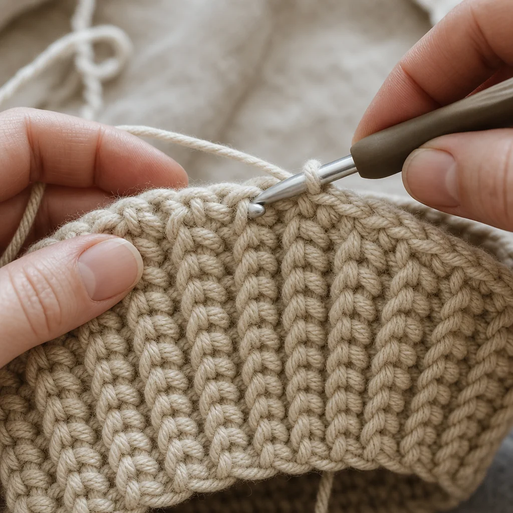 Close-up of hands crocheting the crown of a beanie in half double crochet with a 5.5mm hook and cream worsted yarn