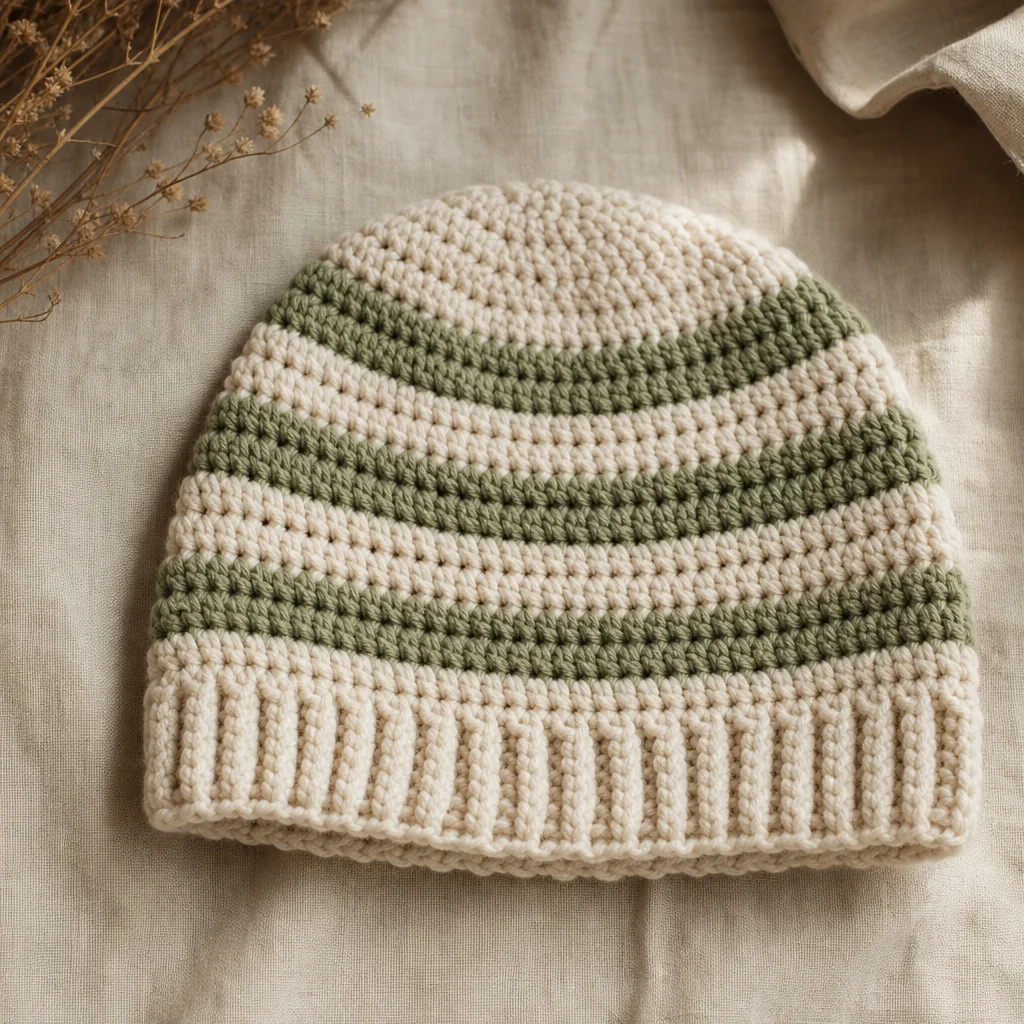 A finished cream worsted weight crochet beanie with a ribbed brim resting on a linen tablecloth next to a wooden crochet hook