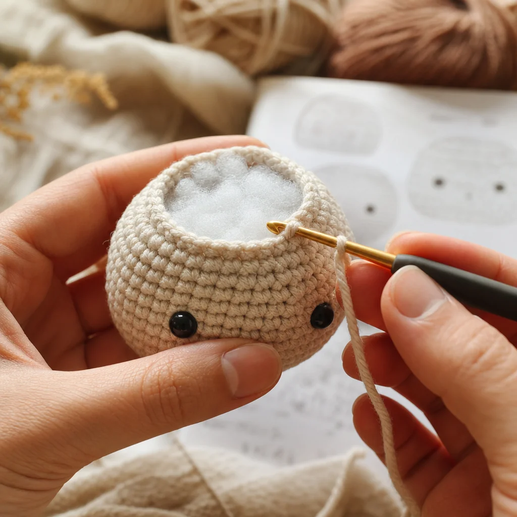 Close-up of hands crocheting a small round amigurumi head with a stitch marker attached and a sketchbook in the background