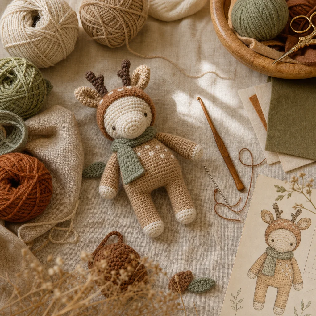 Flat-lay of an amigurumi design workspace with a character sketch, yarn, a crochet hook, and a partly finished crocheted sphere on linen fabric