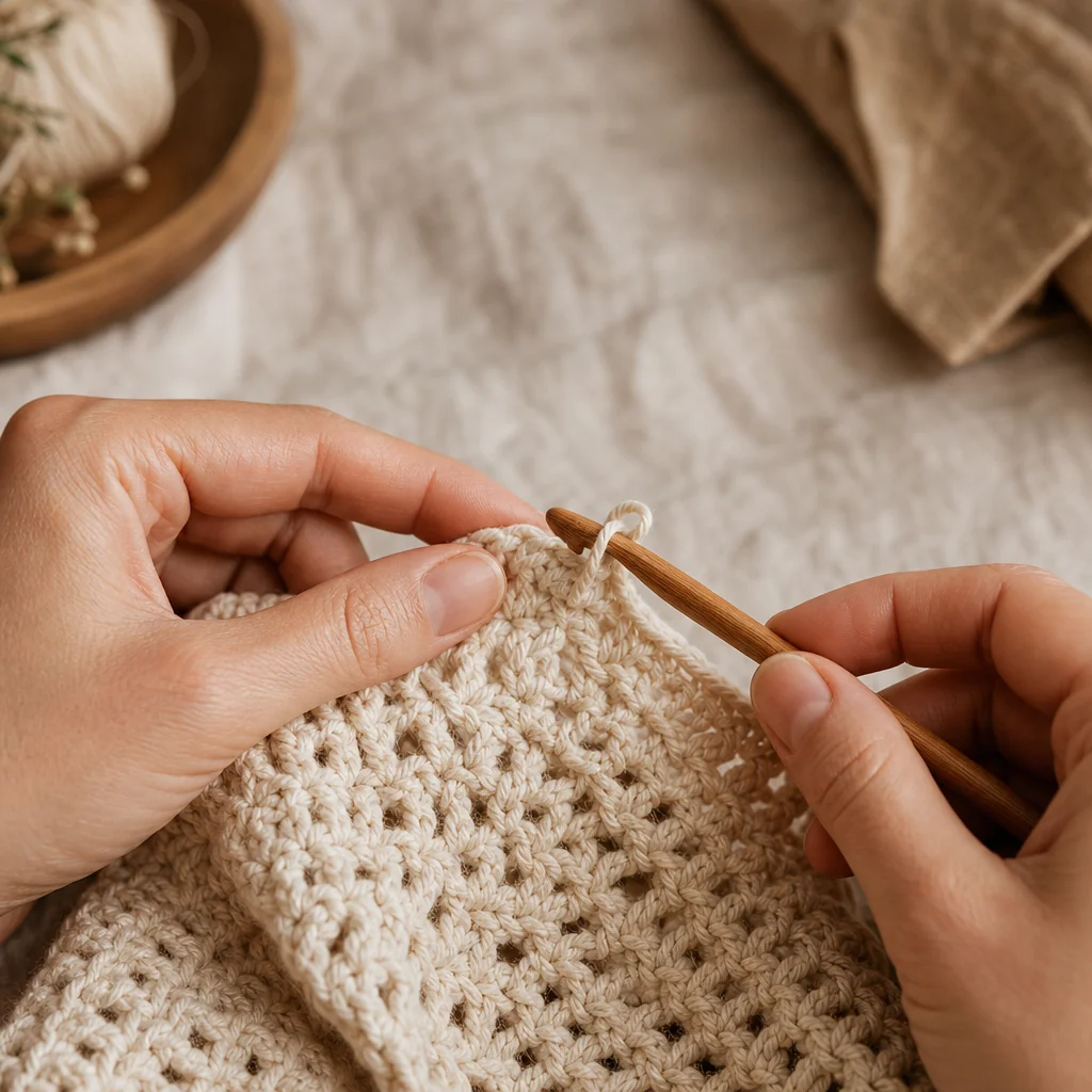 Close-up of hands using a crochet hook to fix a loose loop in a piece of cream crochet fabric