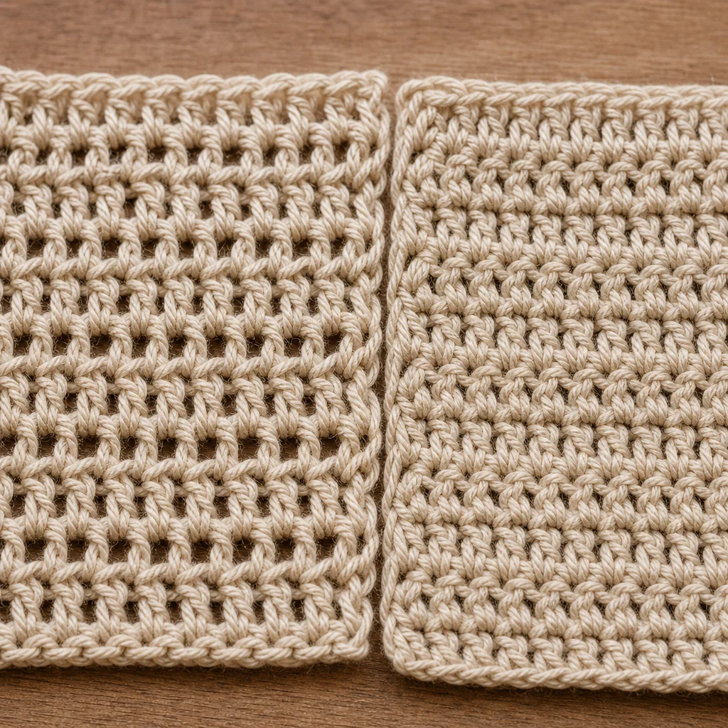 Hands adjusting tension while pulling through the final loop of a double crochet stitch with green yarn