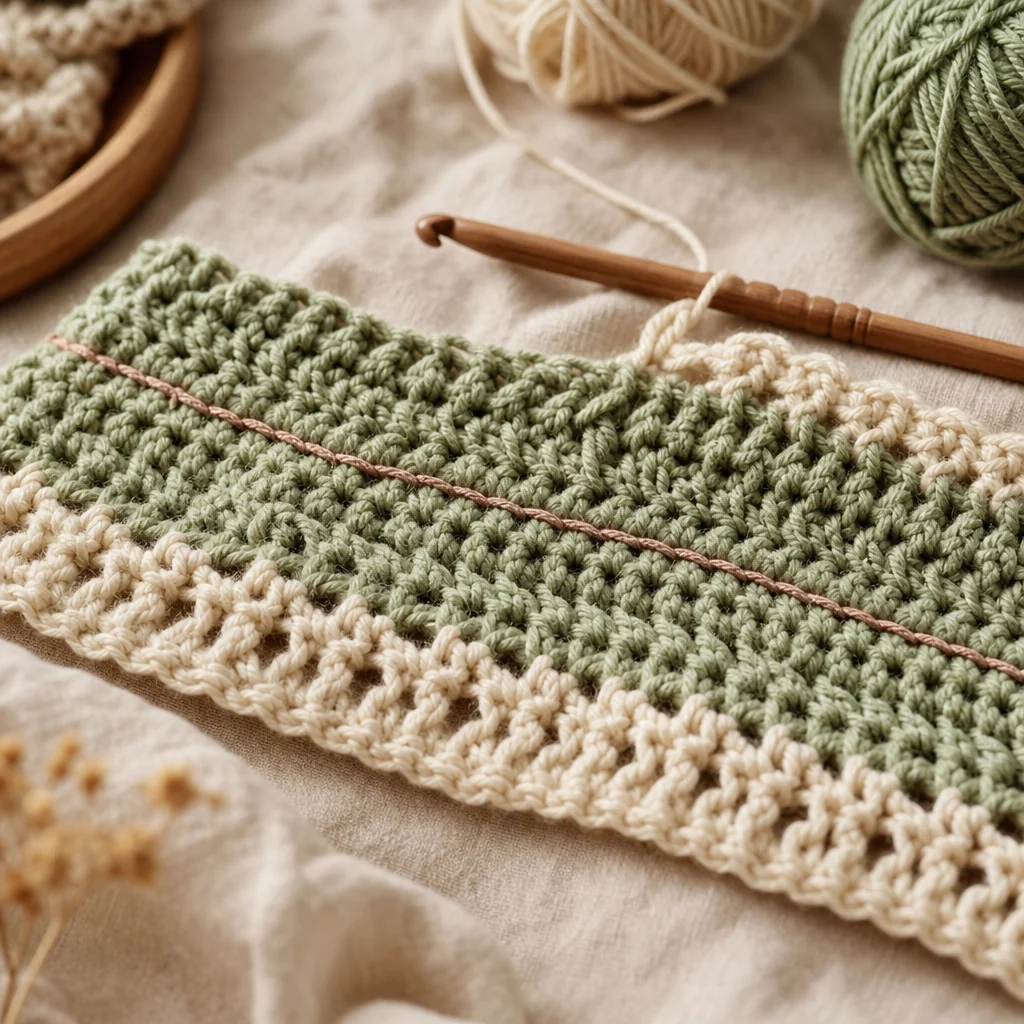 Overhead view of a sage green crochet blanket in progress with a coral lifeline thread woven through one row, resting on natural linen beside a wooden hook