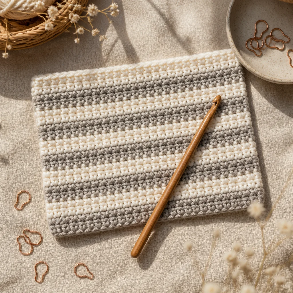 Overhead view of a completed half double crochet practice swatch in cream and grey striped yarn with wooden hook and stitch markers