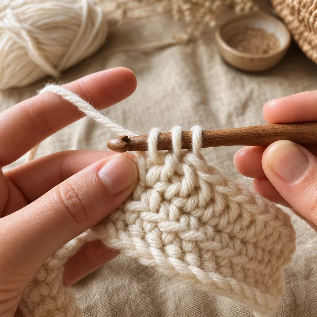 Close-up of crochet hook with three loops of cream yarn showing the mid-point of a half double crochet stitch