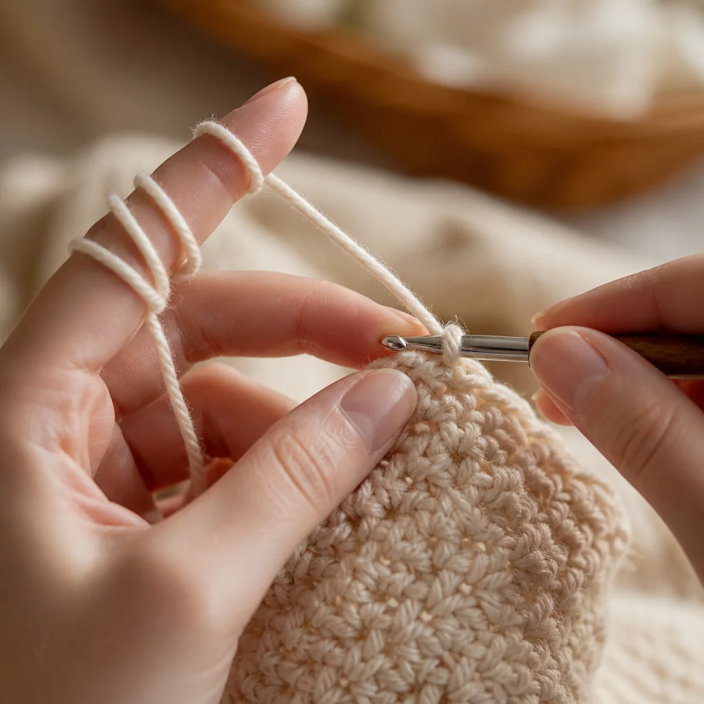 Close-up of hands showing proper yarn tension with yarn wrapped around pinky and index finger, actively crocheting a stitch with natural side lighting