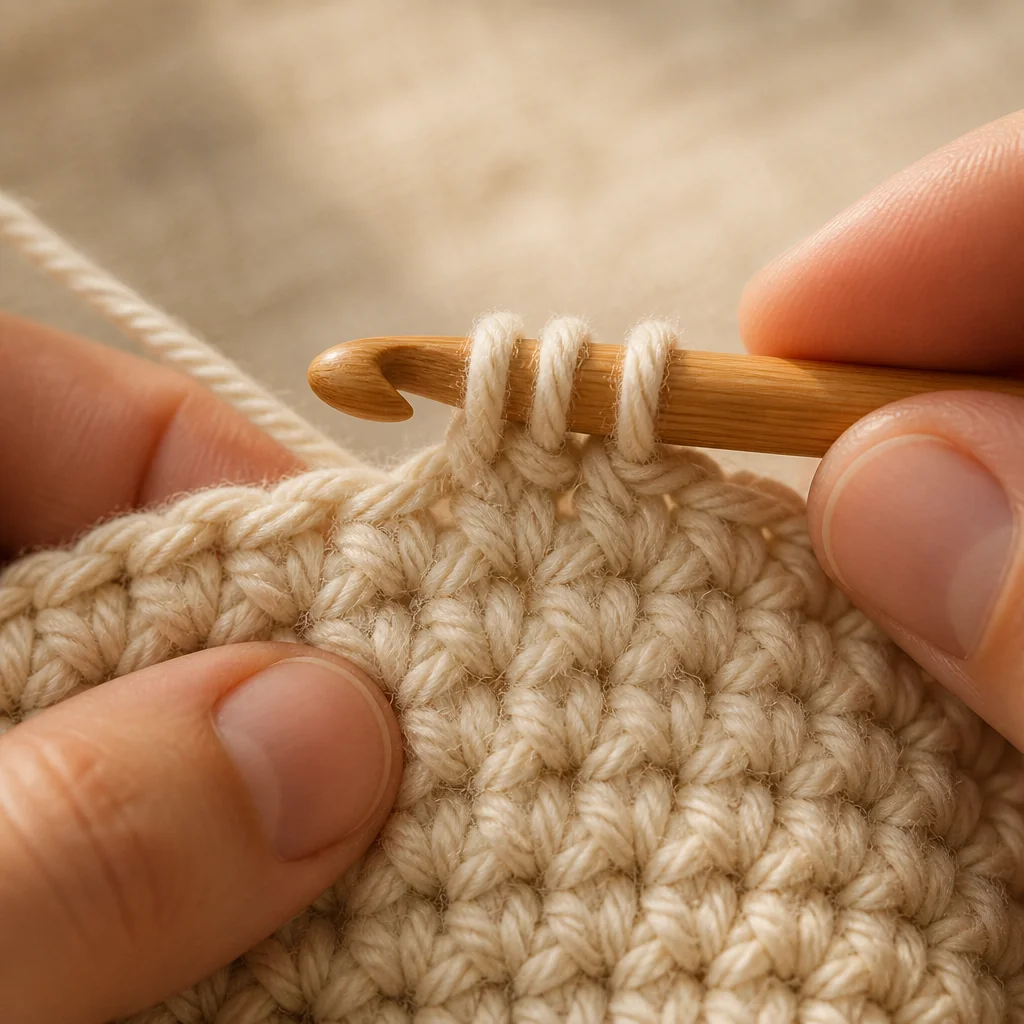 Close-up side view of hands working an invisible decrease in crochet with three loops on the hook ready to be pulled through