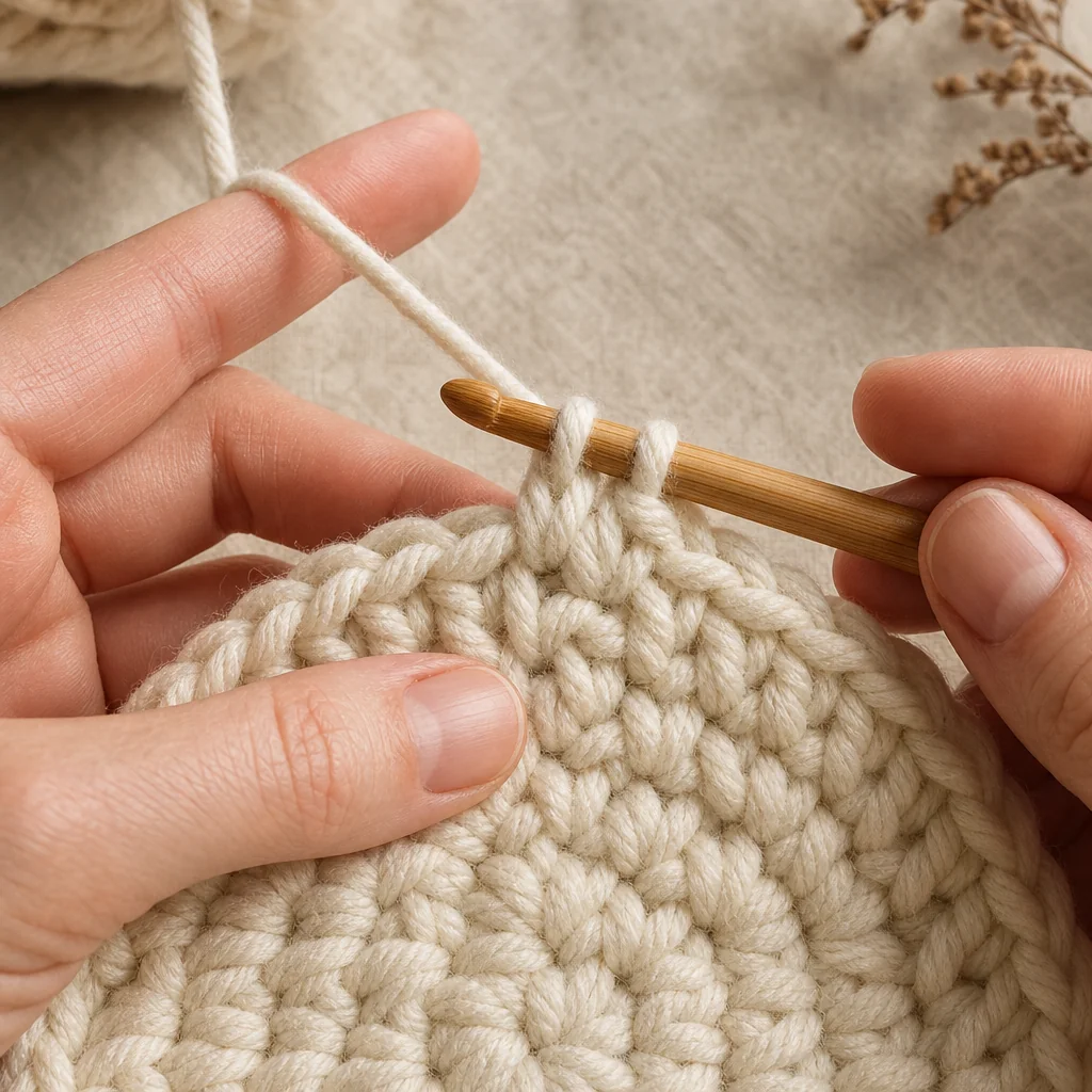 Overhead view of hands crocheting an increase with cream yarn, showing two stitches being worked into one base stitch with proper tension