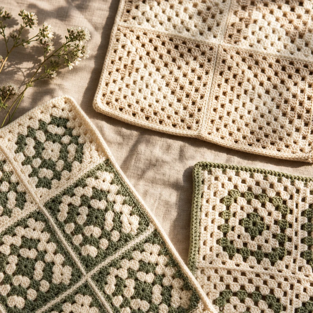 Two joined crochet granny squares on linen showing an invisible seam connection