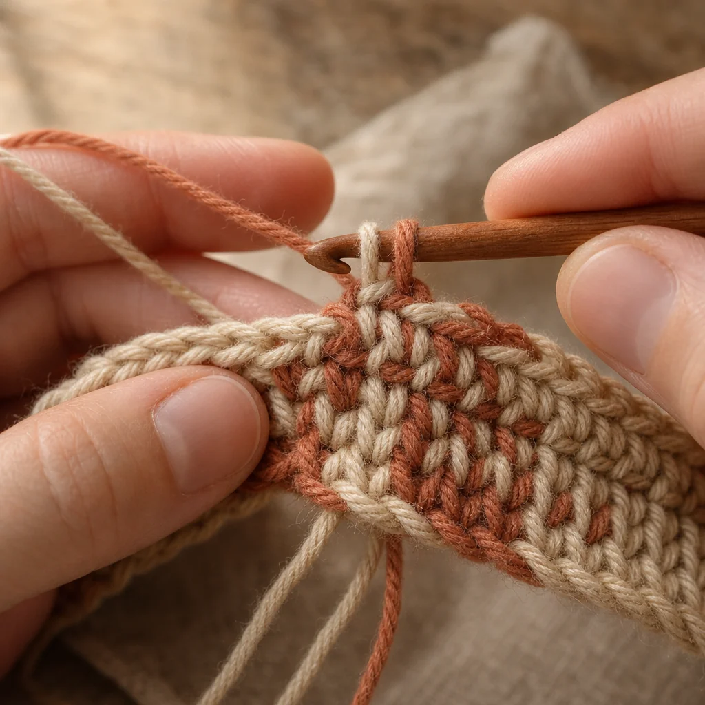 Close-up of a crochet hook working over two yarn tails to weave them into the fabric