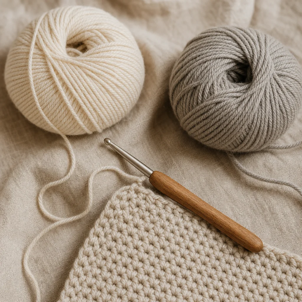Two ends of cream wool yarn being felted together by hand on a linen surface