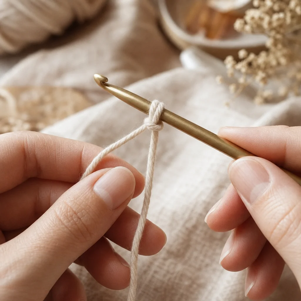 Hands holding a crochet hook with a light-colored yarn slip knot, showing the foundational technique for beginning any crochet project.