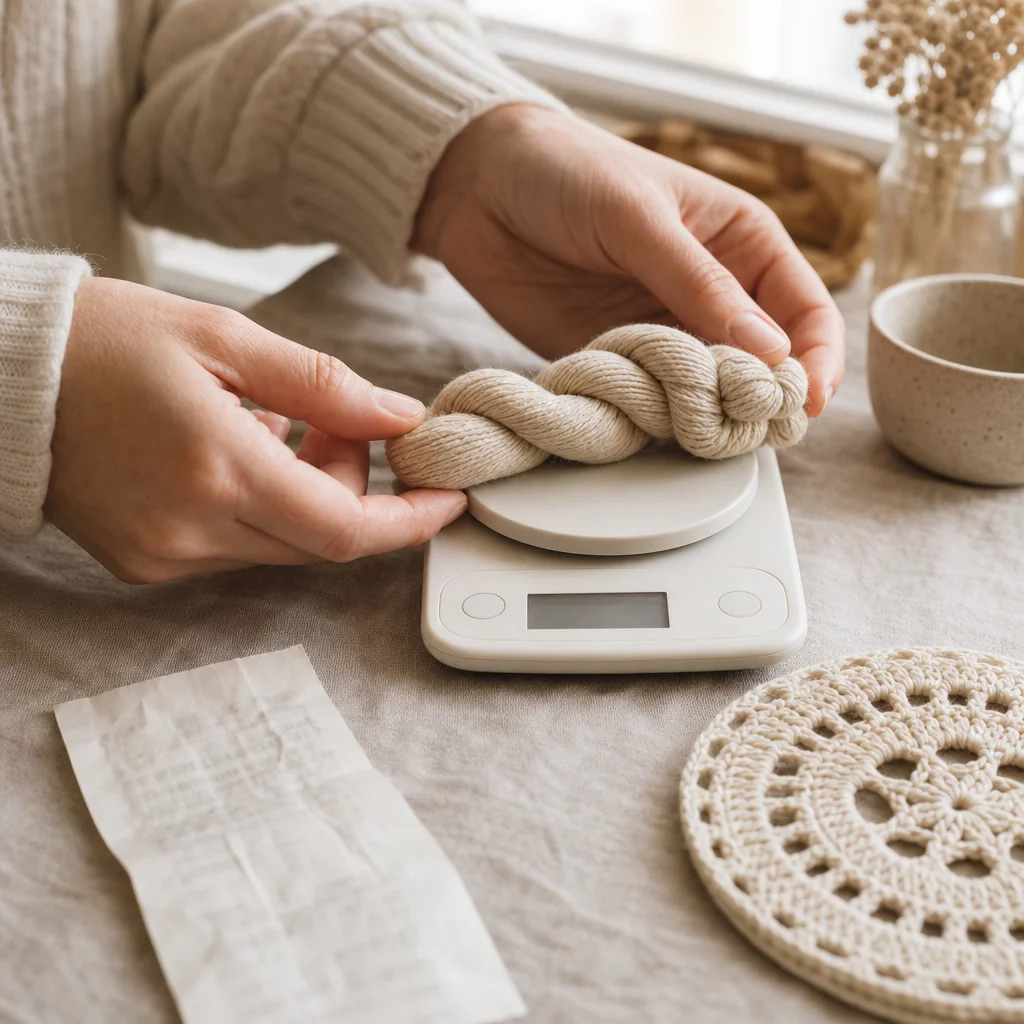 Hands weighing a skein of yarn on a small scale beside a finished crochet coaster and a receipt