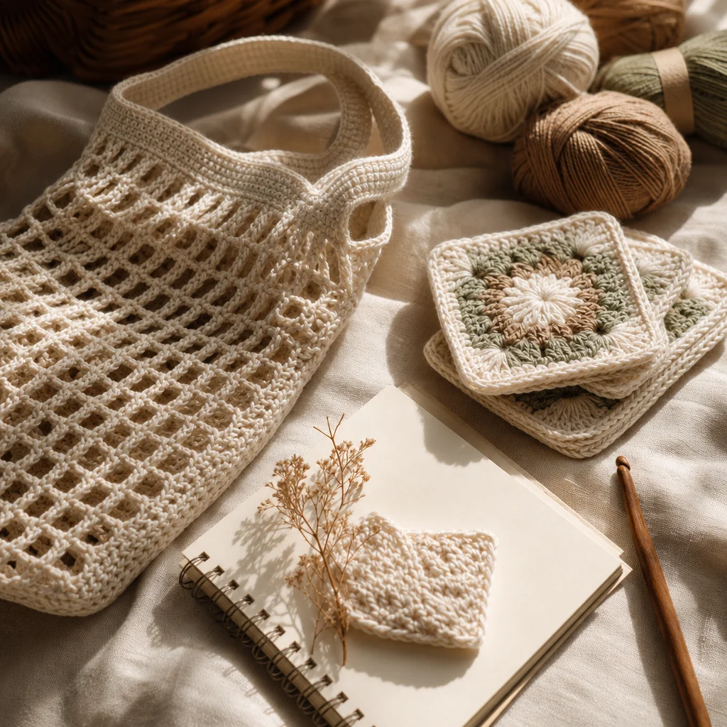 A crochet market bag and granny-square coasters beside a notebook used for tracking yarn and pricing costs