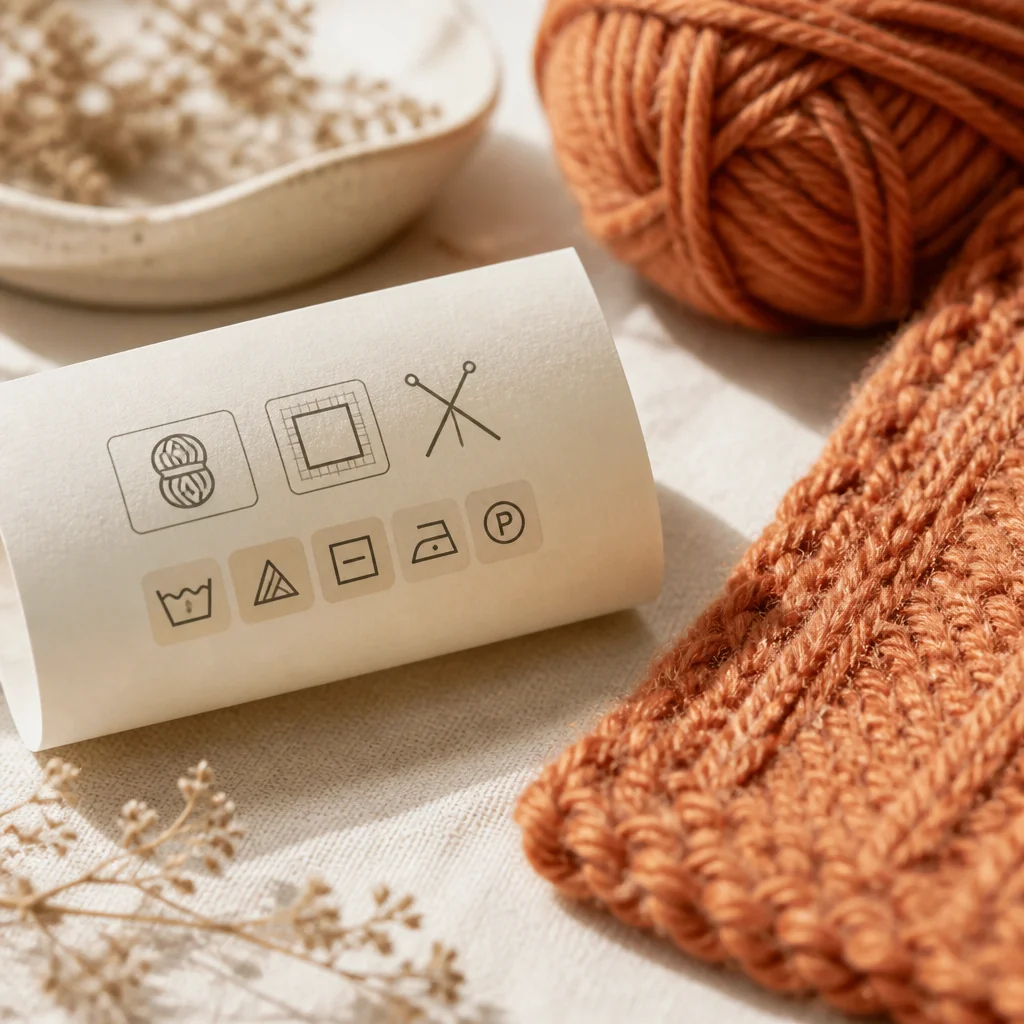Close-up detail of yarn label symbols with a colored yarn sample placed nearby on a neutral workspace