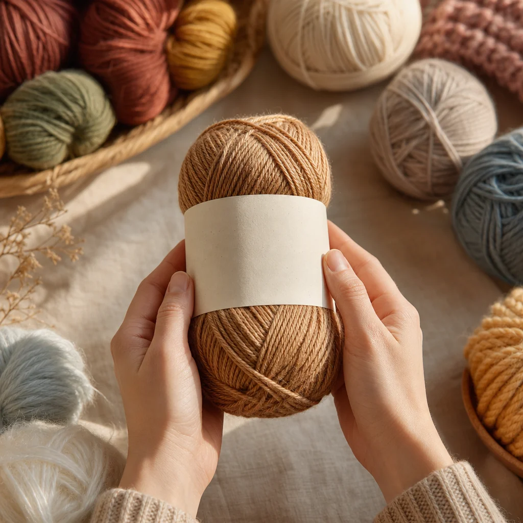 Hands holding an open yarn skein with paper label visible, surrounded by yarns in various weights, natural lighting