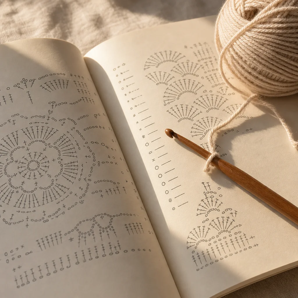 A crochet pattern printed on cream paper with a wooden hook and beige yarn, illuminated by warm natural light