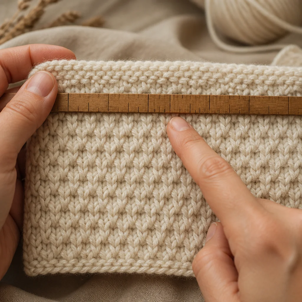 Close-up of hands counting stitches on a gauge swatch held against a wooden ruler, showing a 4-inch measurement section