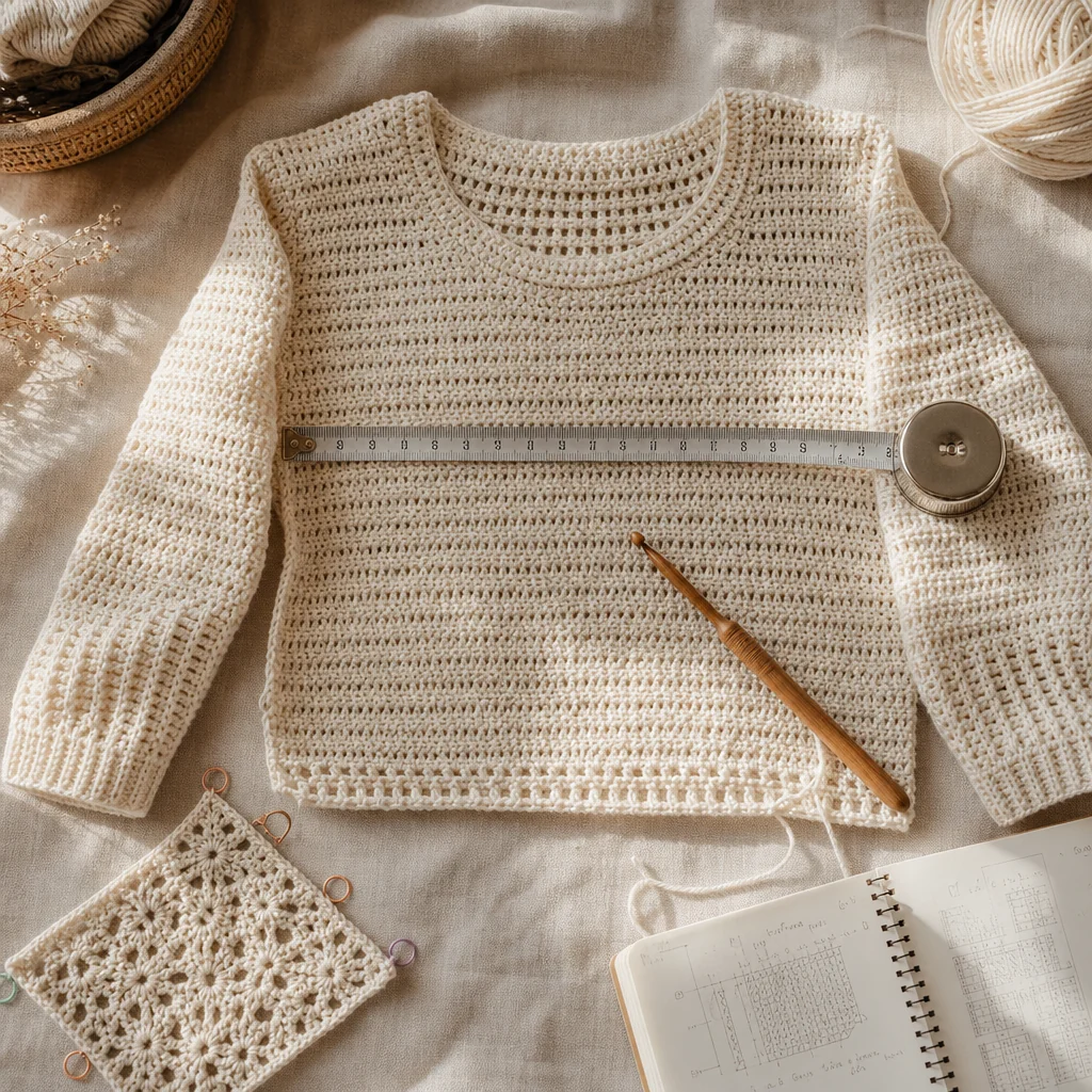 Flat lay of a cream crochet sweater in progress with tape measure across chest, gauge swatch, crochet hook, and notebook with sizing calculations
