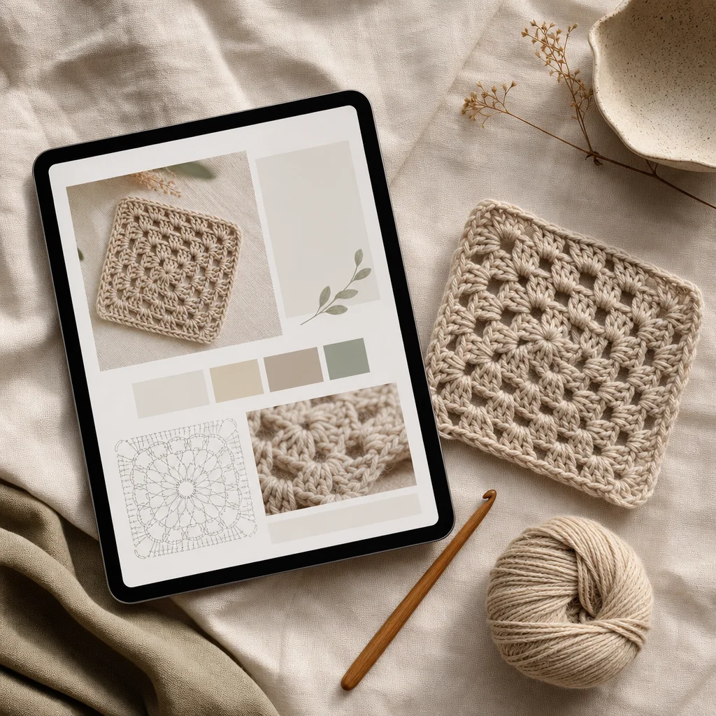 A tablet showing a crochet pattern beside yarn and a finished granny square swatch, styled for an online pattern shop