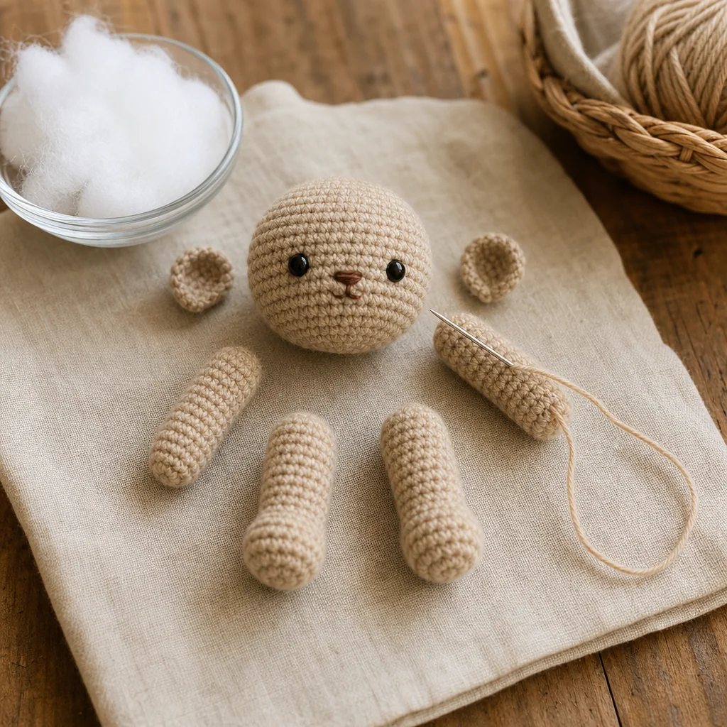 A partially assembled amigurumi doll pinned together on a linen table with a threaded tapestry needle nearby