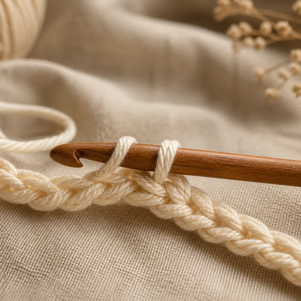 Close-up of a crochet hook inserted into the second chain, showing two loops on the hook during a single crochet stitch
