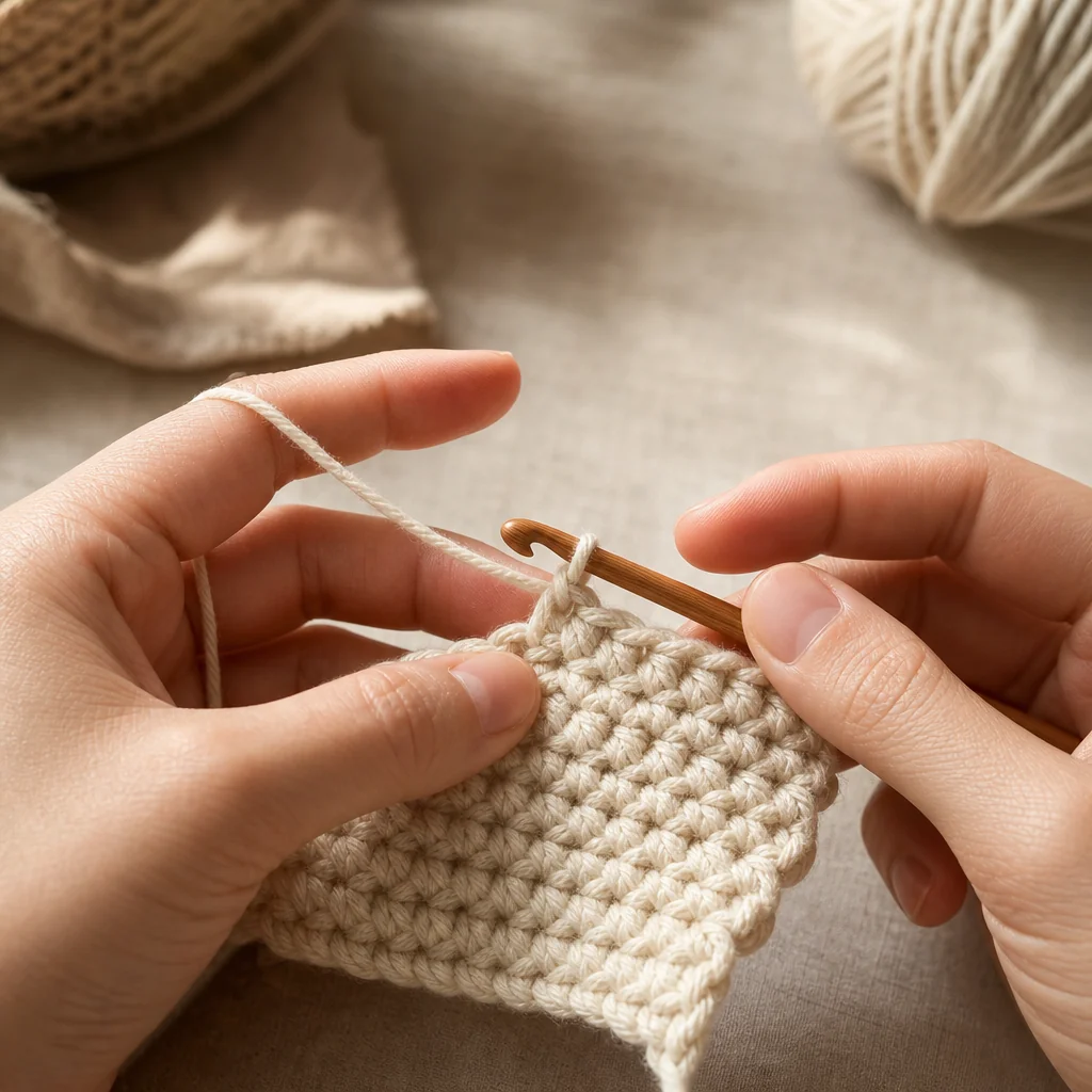 Hands crocheting single crochet stitches in cream yarn with a wooden hook on a linen background