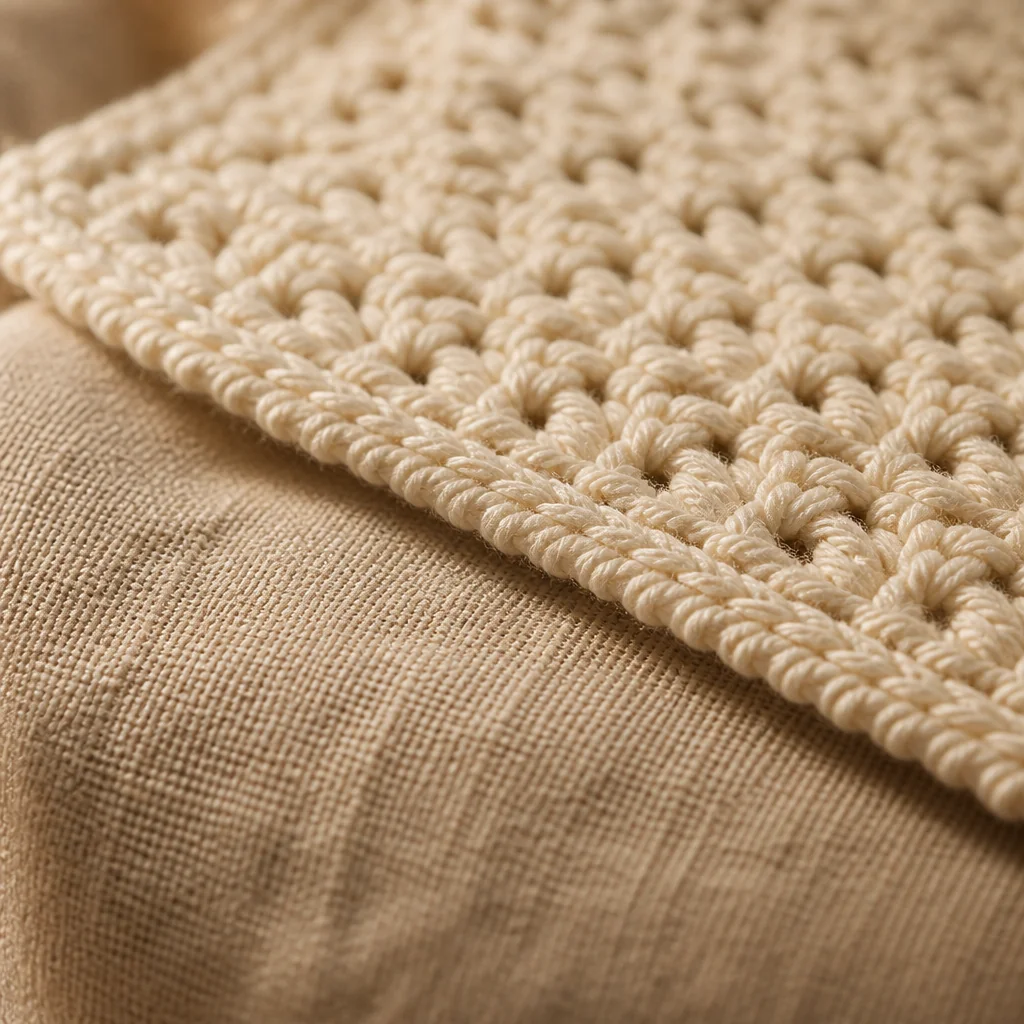 Close-up of a firm slip stitch edging along the border of a cream crocheted swatch