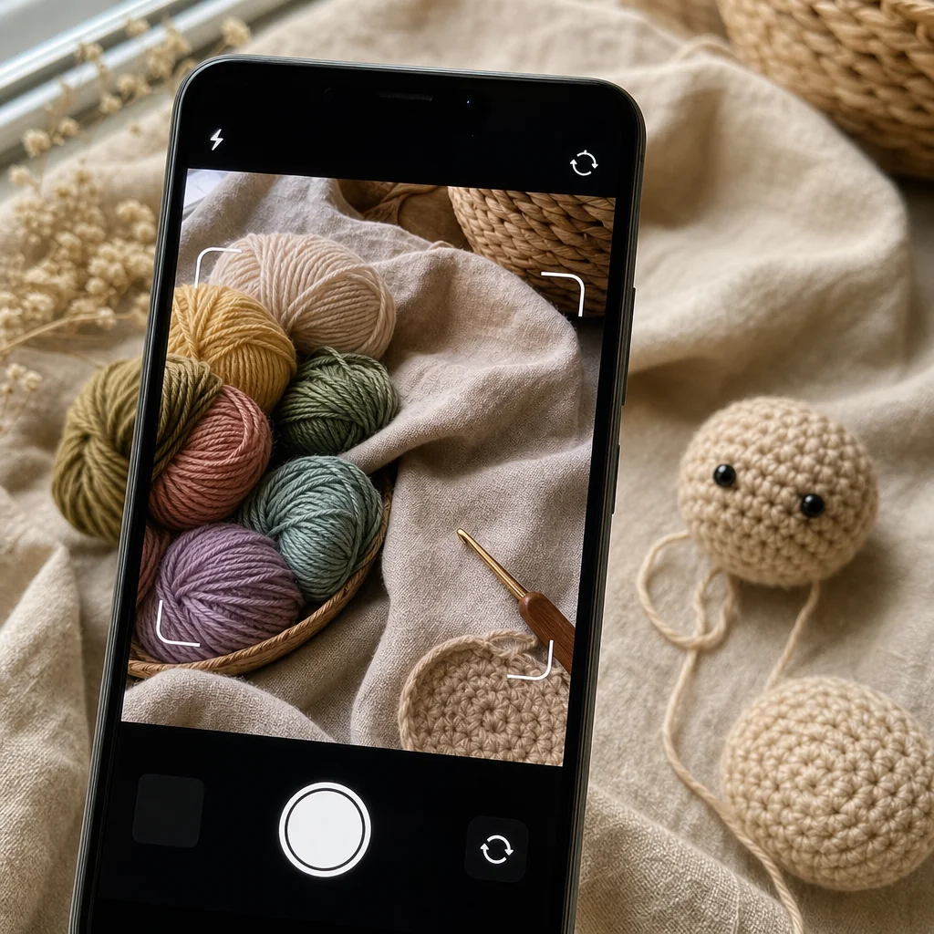 A phone camera pointed at colorful yarn skeins and a crochet hook on a linen backdrop