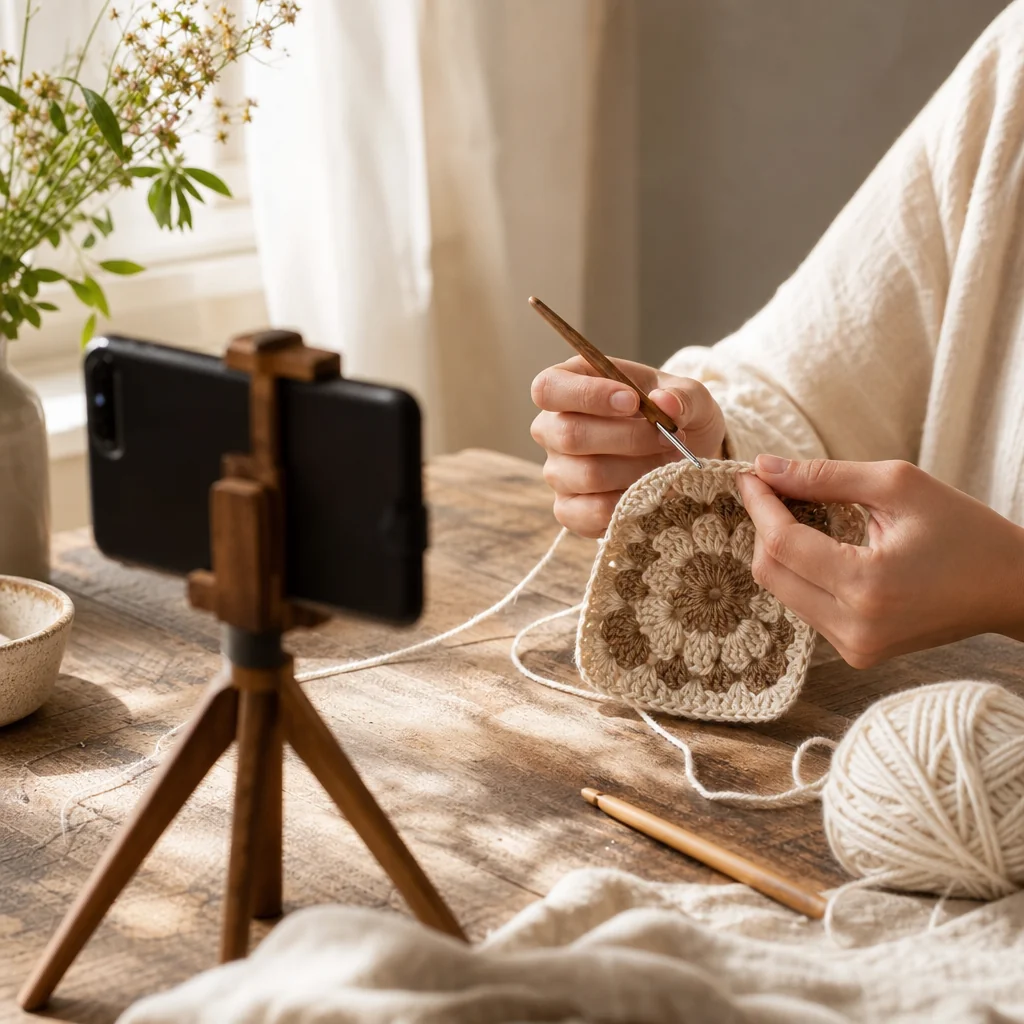 A smartphone on a small tripod filming crochet hands at work in natural window light