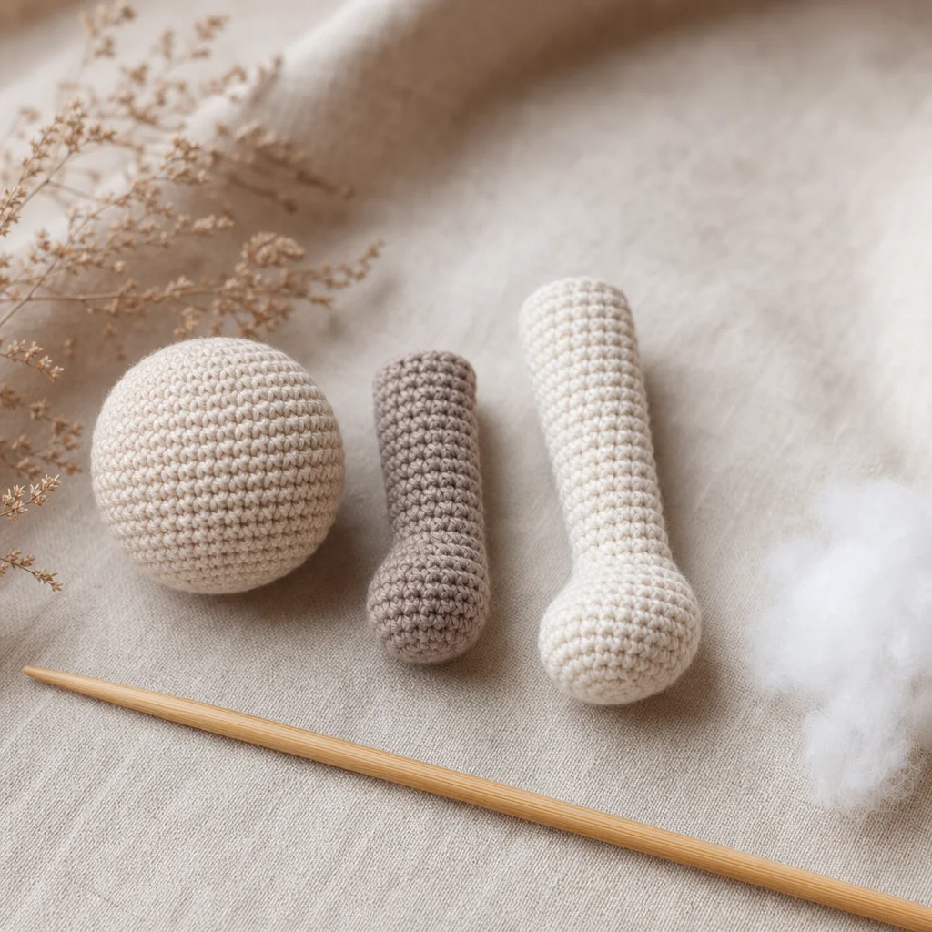Hands pulling apart white fiberfill into small airy tufts over linen surface with caramel-colored amigurumi bear body in background