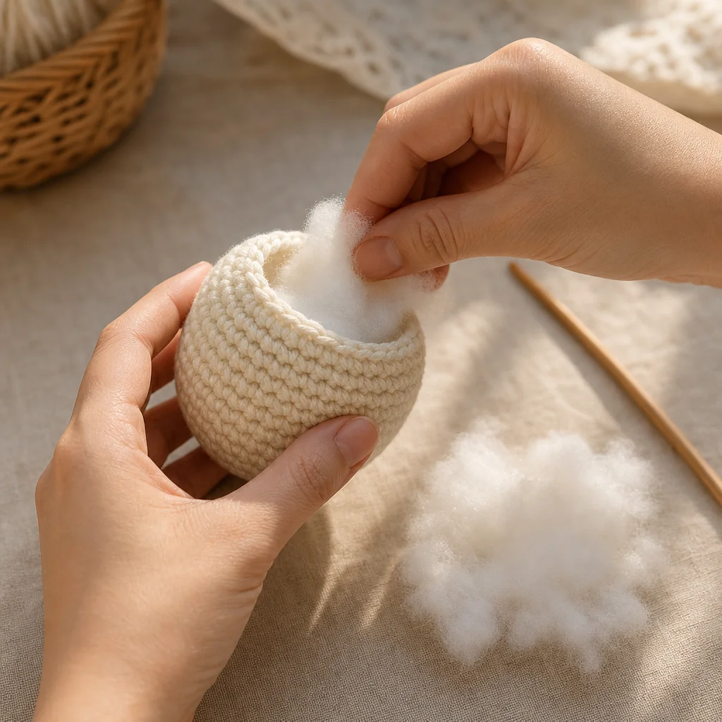Fluffy white polyester fiberfill clouds, wooden chopstick, and partially stuffed sage green crochet amigurumi sphere arranged on cream linen surface in natural light