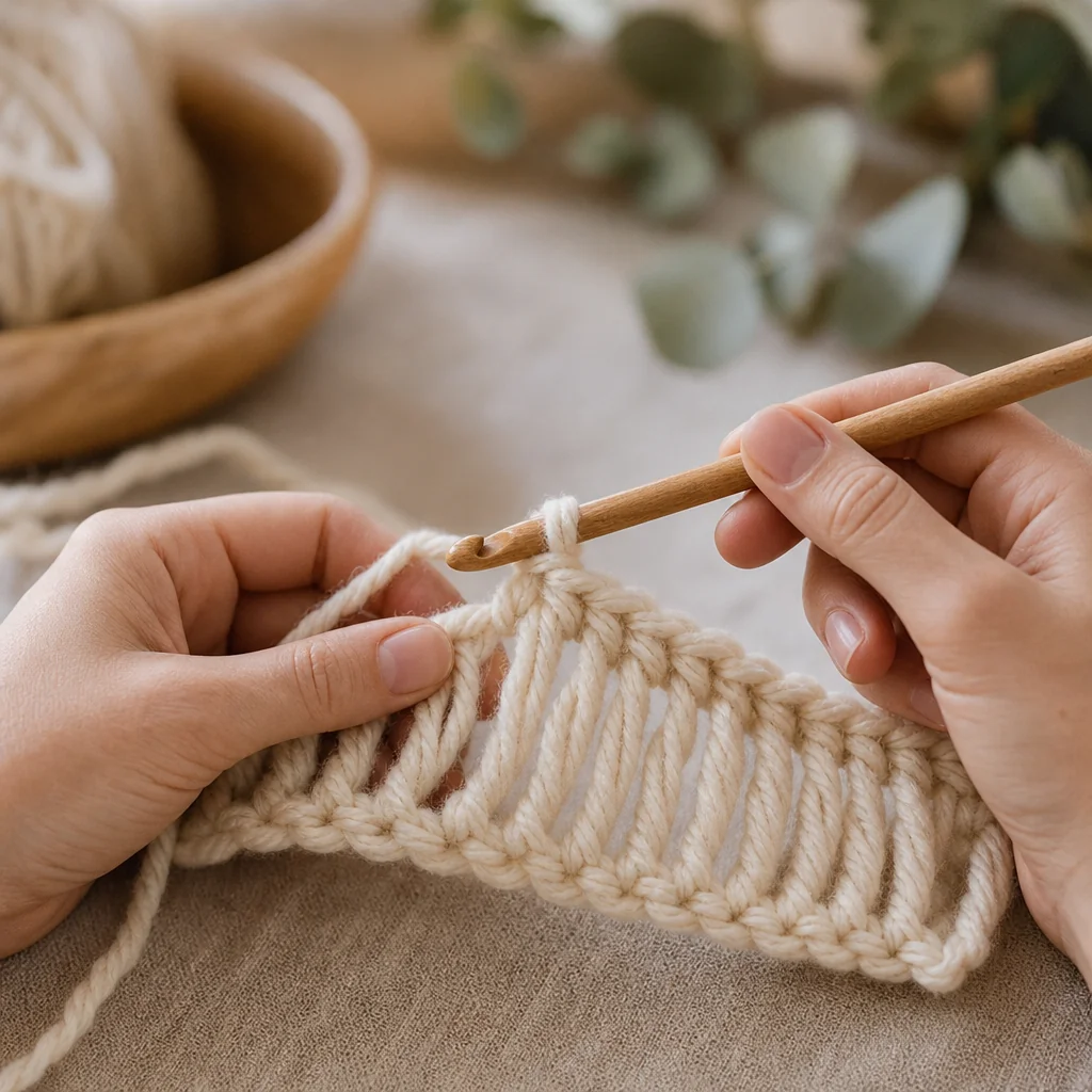 Close-up of hands crocheting a row of tall, airy treble crochet stitches in cream yarn on a linen surface.