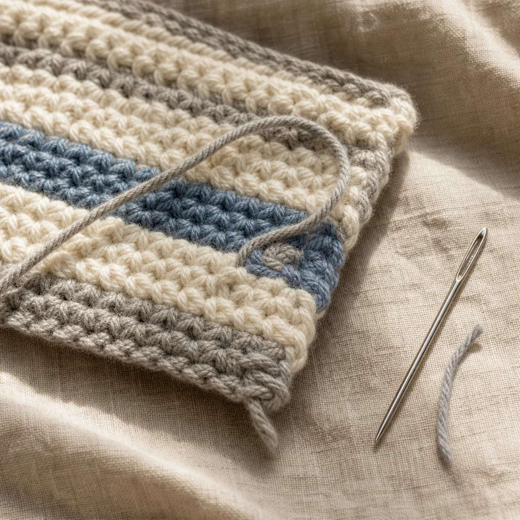 Hands weaving a yarn tail in a zigzag pattern through crochet stitches to lock it in place