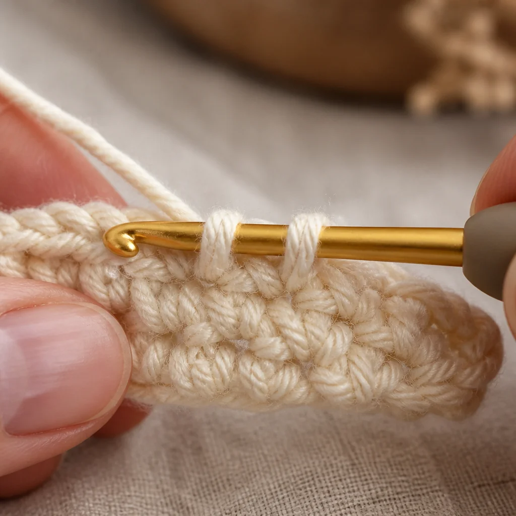 Close-up of crochet hook inserted through front loops of two stitches demonstrating invisible decrease technique in cream colored yarn