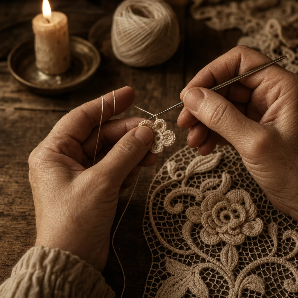 Hands crocheting a dimensional Irish lace rose motif with steel hook and fine white cotton thread
