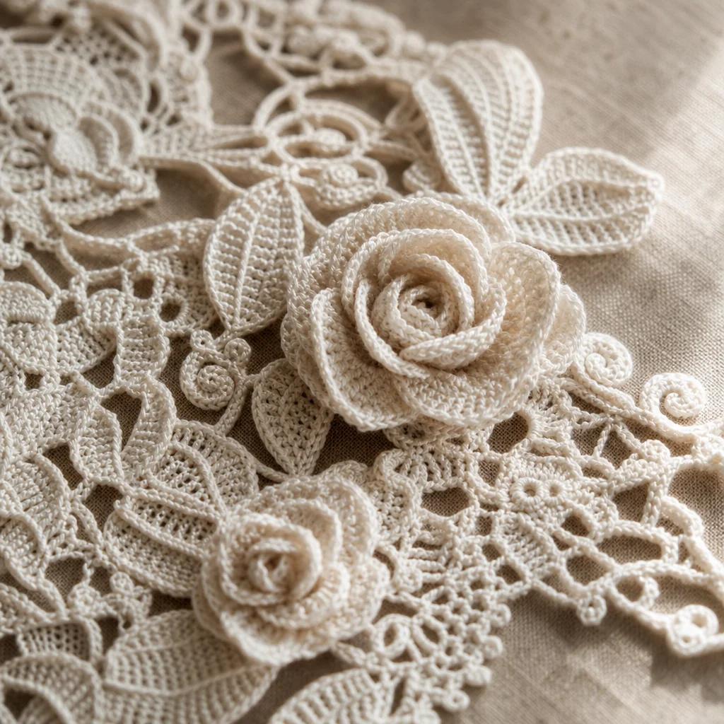 Detailed view of Irish crochet lace with raised rose and shamrock motifs in fine white cotton thread on linen