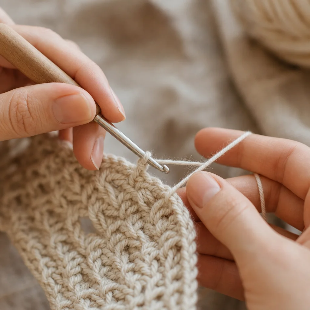 Side view of left hand with crochet hook creating a foundation chain in sage green yarn with right hand managing tension in background