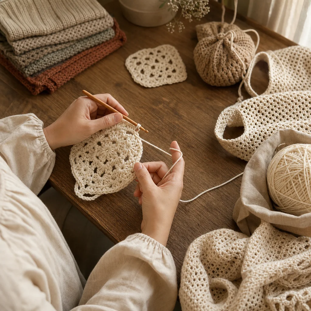 Left hand holding crochet hook working a stitch in cream yarn while right hand tensions the yarn, shown from above on linen surface