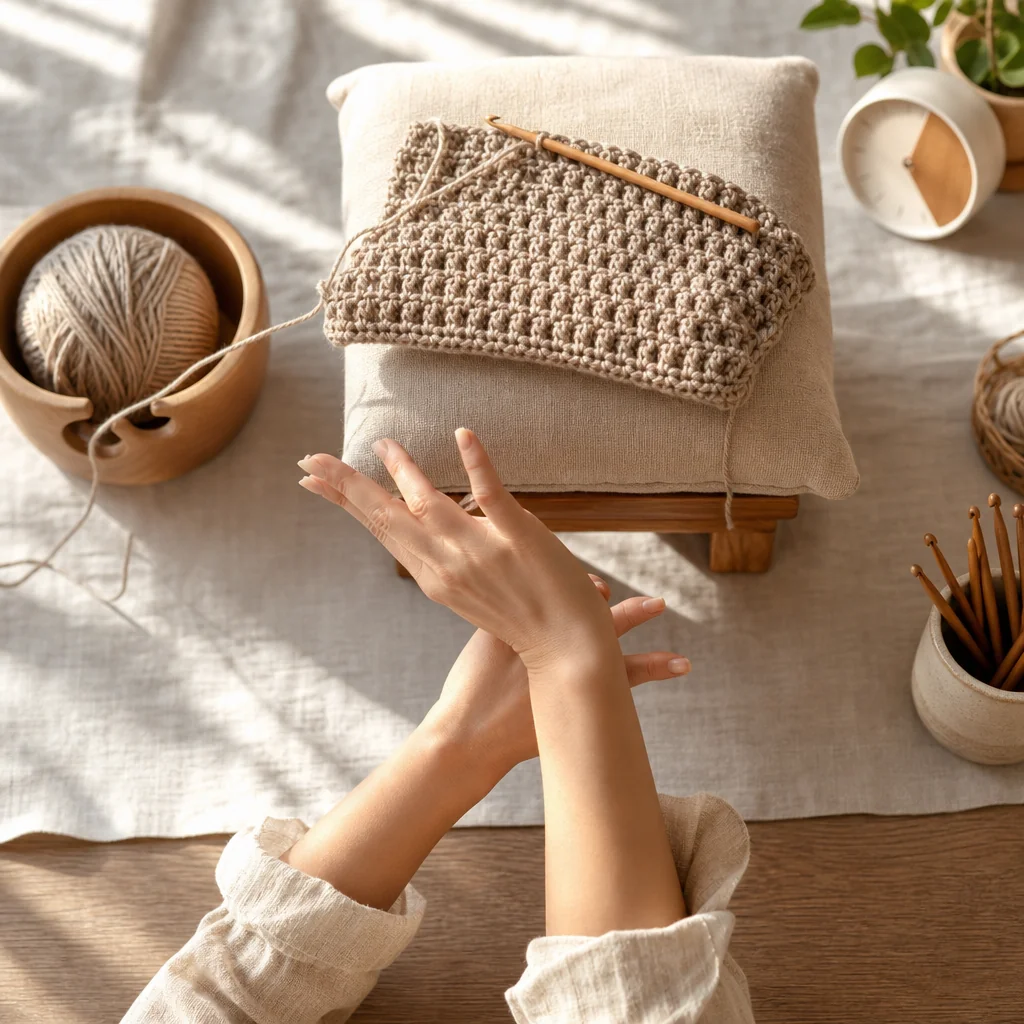 Ergonomic crochet workspace with supportive chair, lap pillow, and proper hand positioning for comfortable crocheting