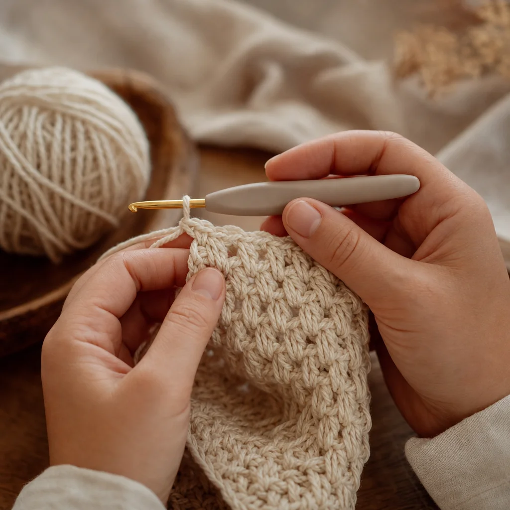Hands holding an ergonomic crochet hook with a comfortable grip while working with cream-colored yarn