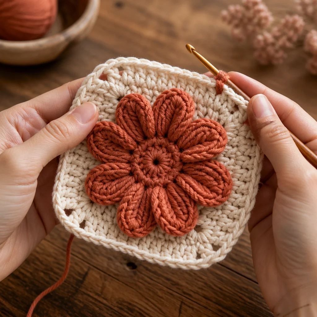 Close-up of hands working overlay crochet with raised front-post stitches forming a flower motif in terracotta and ivory
