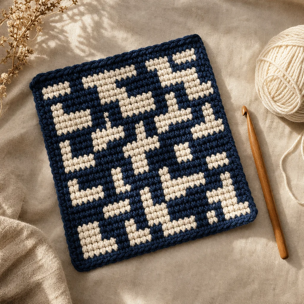 Flat lay of a two-colour mosaic crochet swatch in navy and cream on a linen surface with a wooden hook and cotton yarn