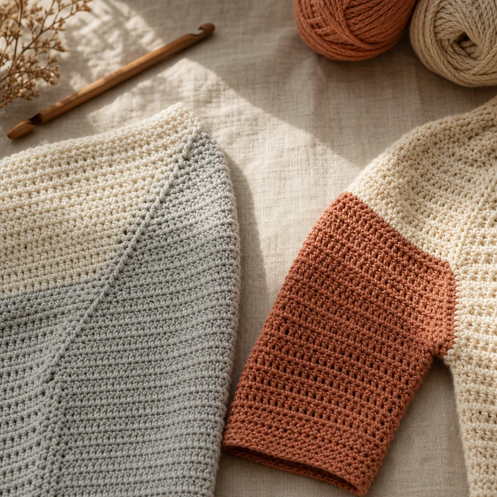 Side-by-side comparison of raglan and set-in sleeve crochet construction methods showing diagonal raglan seam lines versus separate sleeve pieces on natural linen background