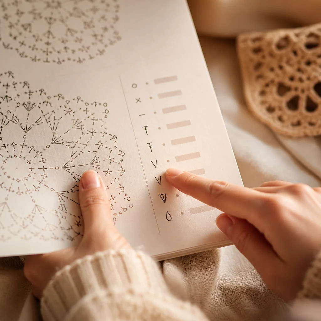 A close-up of a hand pointing to symbols in a crochet chart legend, showing the moment of decoding pattern instructions