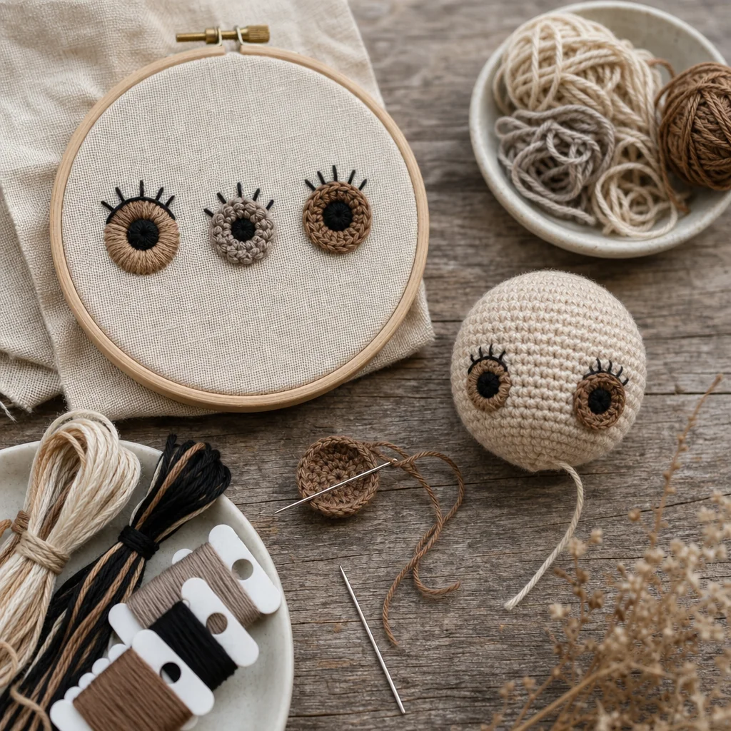 Hands testing eye placement on a stuffed amigurumi head with a stitch marker before embroidering