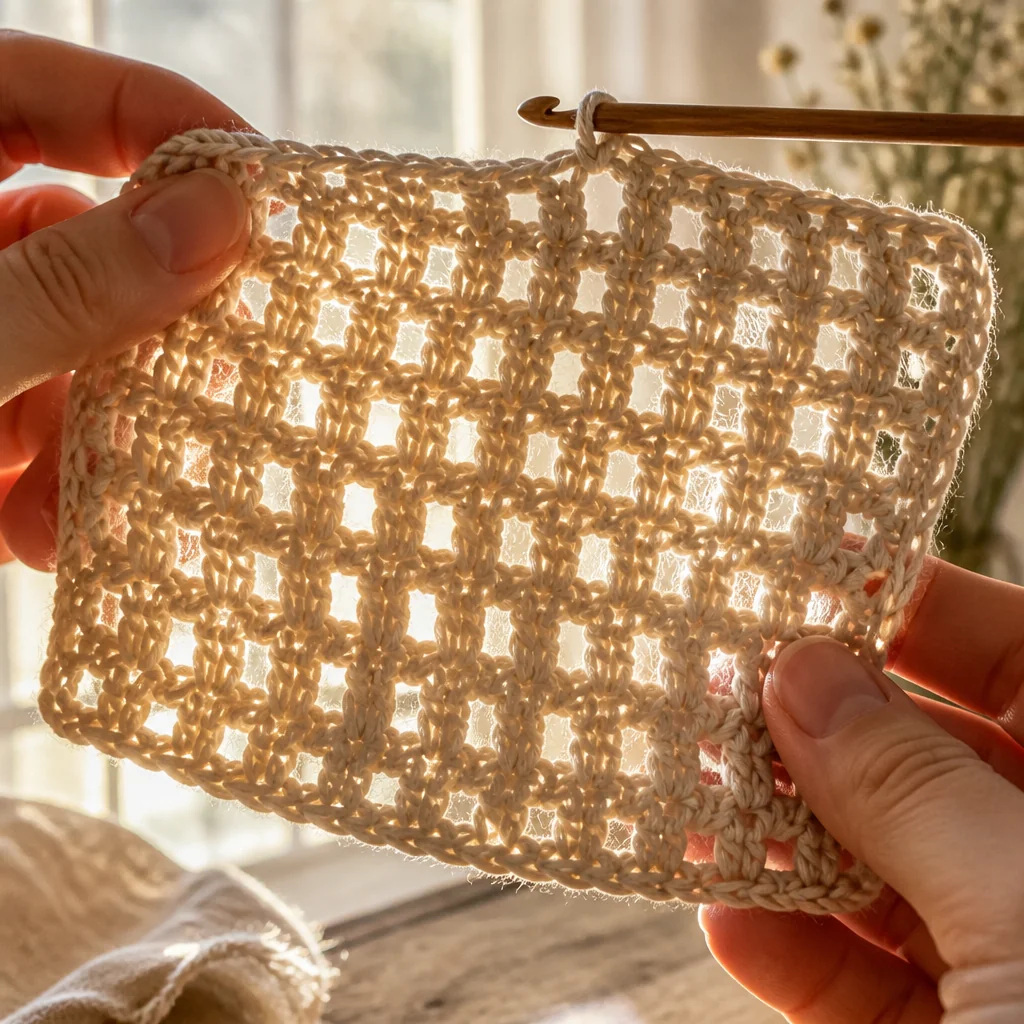Close-up of hands holding a double crochet fabric swatch up to bright window light to show how light passes through the open stitches.