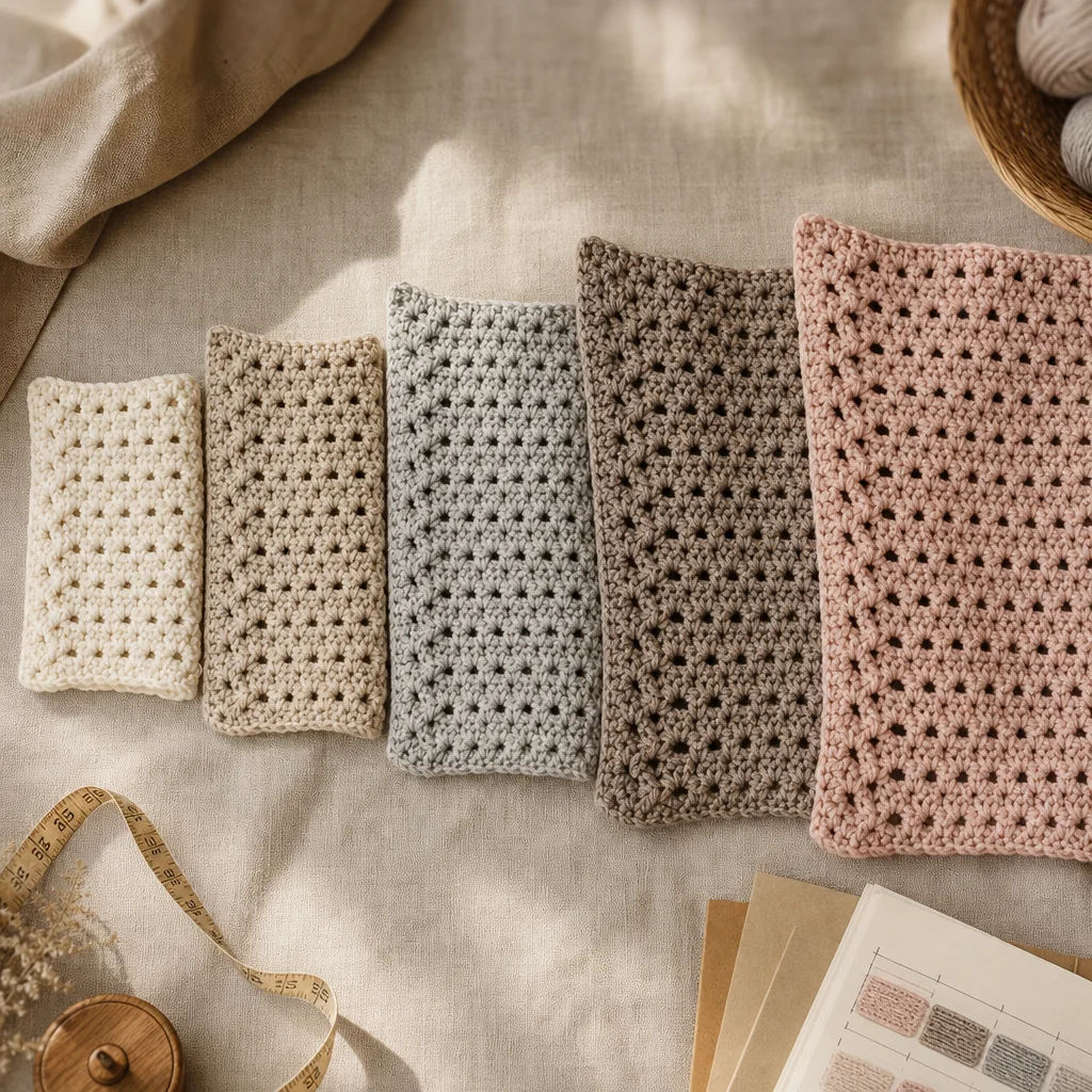 Multiple crochet gauge swatches in increasing sizes from XS to 5XL arranged on a wooden surface with a measuring tape, demonstrating garment grading principles